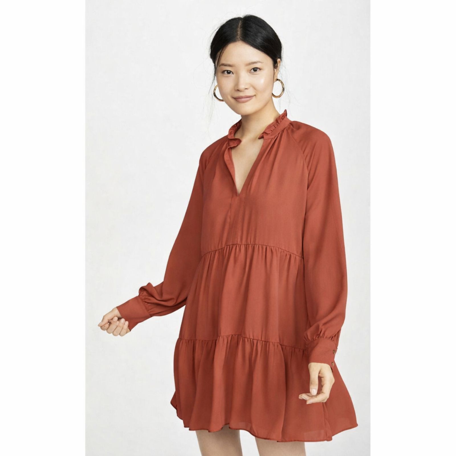 Amanda Uprichard Saffron Dress Terracotta Size S Long Sleeve Tiered Mini Crepe